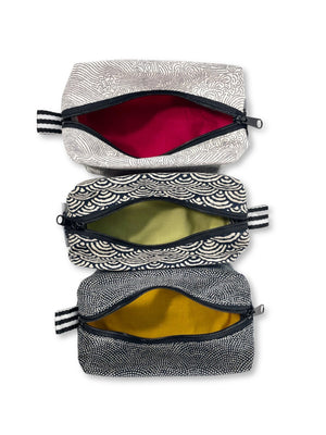 Mini Dopp Kit travel pouch in classic Japanese pattern fabric, available in 3 patterns with contrasting lining by Quiver.love