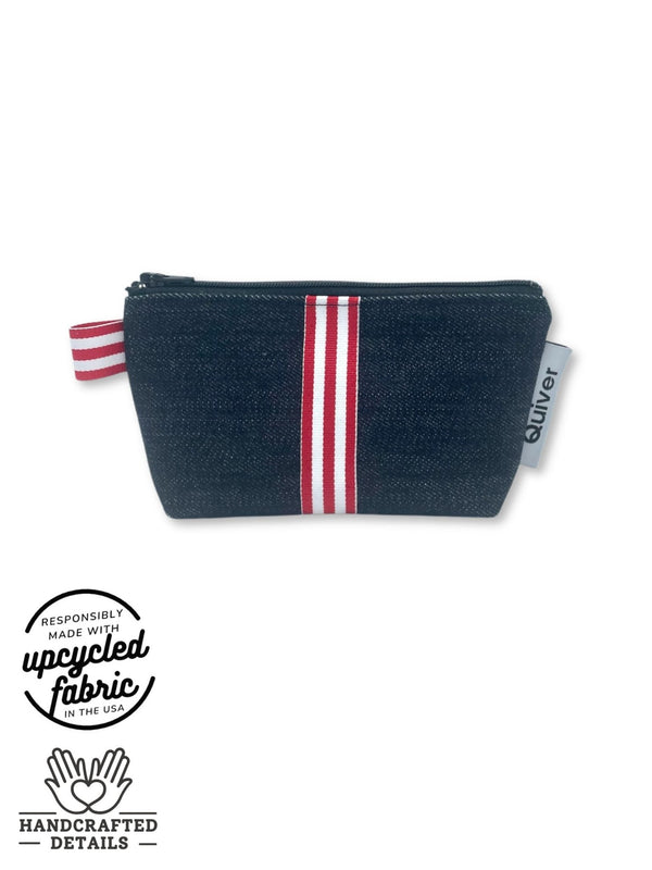 XS Zipper Pouch by Quiver.Love in dark denim fabric with red ribbon detail.  Fully lined, made in the USA.