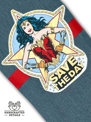 Save the Day appliqué detail on Hitachi Wand bag, travel case.  Made of up-cycled denim in the USA by Quiver.Love