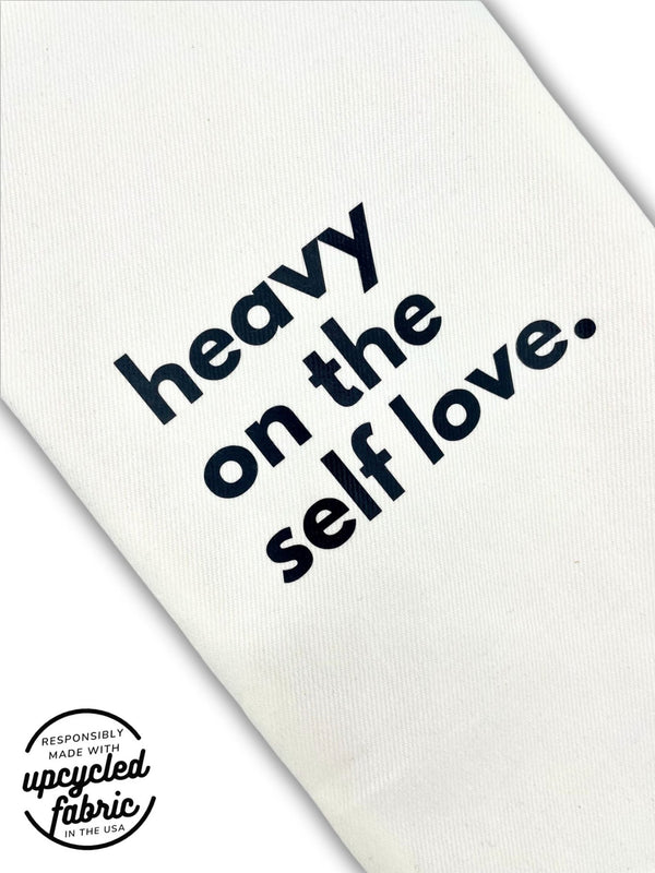 Heavy on the Self Love Wand Massager Pouch, fits hitachi magic wand or other sex toy.  White denim with black text