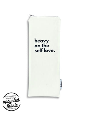 Heavy on the Self Love Wand Massager Pouch, fits hitachi magic wand or other adult toy.  White denim with black text