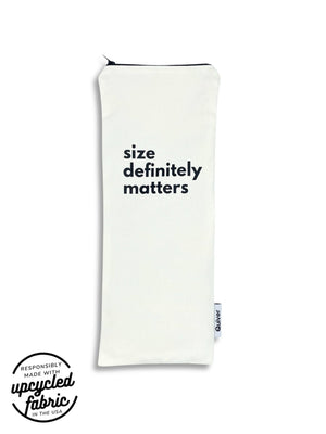 Wand Massager Bag, for hitachi magic wand or other adult toy.  Printed with: Size Matters in black text on white denim