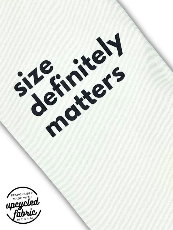 Close up of Wand Massager bag for hitachi magic wand.  Features text: Size Matters in black on white denim - USA made