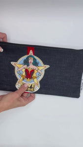 storage bag featuring wonder woman applique sized for adult toys or wand vibrator or personal massager