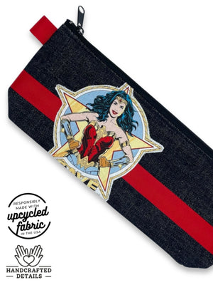 detail of sex toy bag in denim with wonder woman save the day patch, made in USA by Quiver.Love