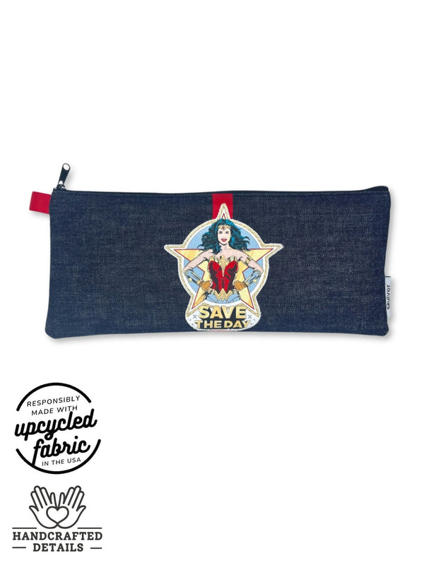 Adult toy storage bag for wand massager, hitachi magic wand in denim with wonder woman patch by Quiver.Love